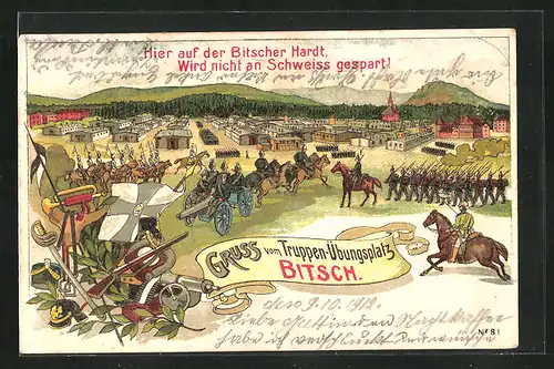 Lithographie Bitsch, Truppen-Übungsplatz, Teilansicht mit Soldaten