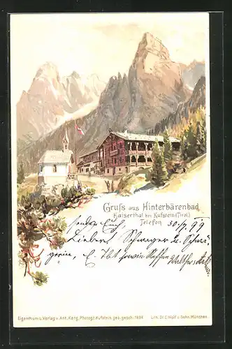 Lithographie Kaiserthal b. Kufstein, Gasthaus Hinterbärenbad