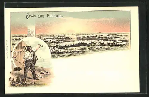 Lithographie Borkum, Walfänger vor seinem Haus, Blick aufs Meer