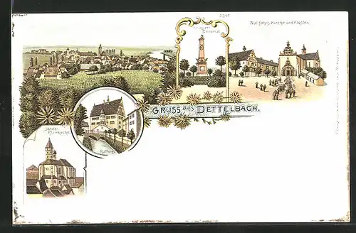 Lithographie Dettelbach, Kriegerdenkmal, Wallfahrtskirche und Kloster