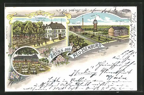 Lithographie Neu-Isenburg, Gasthaus Adam Luft, Elektr. Werk, Neue Schule