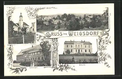 AK Weigsdorf i. S., Ortsansicht, Kirche, Schule, Kretscham