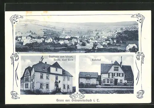 AK Grävenwiesbach i. T., Gasthaus zum Löwen, Bahnhof, Ortsansicht