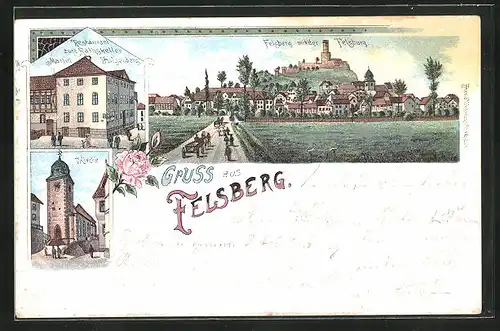 Lithographie Felsberg, Restaurant zum Ratskeller, Felsberg mit der Felsburg, Kirche