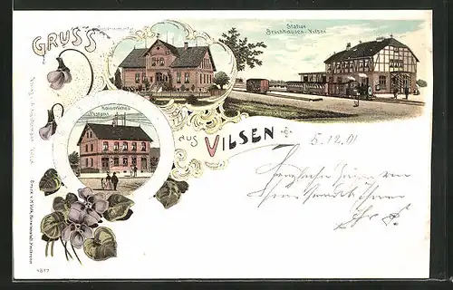 Lithographie Vilsen, Teilansicht, Bahnhof Bruchhausen-Vilsen, Superindentur, Kaiserliches Postamt