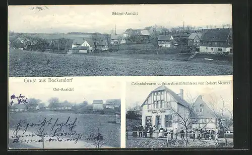 AK Bockendorf, Kolonialwaren u. Schweineschlächterei von Robert Menzel, Südost-Ansicht, Ost-Ansicht