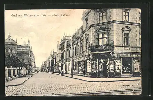 AK Weisswasser /O.-L., Bismarckstrasse mit Kaufhaus A. Räserner Nachf.