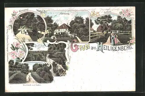 Lithographie Heiligenberg, Restaurant Forsthaus, Gartenplatz, Ausblick vom Wittigspaltz