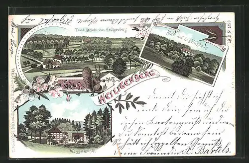 Lithographie Heiligenberg / Vilsen, Blick auf das Restaurant Forsthaus, Wassermühle, Totalansicht