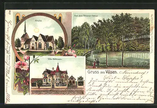 Lithographie Vilsen, Villa Möllmann, Aus dem Vilsener Holze, Kirche