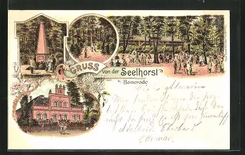 Lithographie Bemerode, Gasthaus Seelhorst, Garten, Denkmal