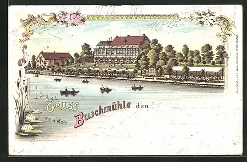 Lithographie Dortmund, Gasthaus Buschmühle und Boote