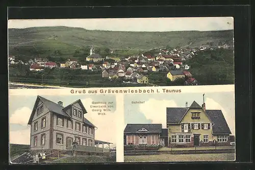 AK Grävenwiesbach i. Ts., Gasthaus zur Eisenbahn, Bahnhof, Ortsansicht