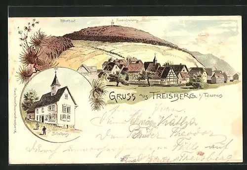 Lithographie Treisberg i. Ts., Schulhaus, Ortsansicht gegen Pferdekopf