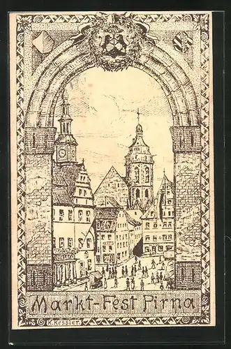 Künstler-AK Pirna, Markt-Fest, Kirche, Volksfest