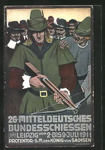 Künstler-AK Leipzig, 26. Mitteldeutsches Bundesschiessen 1911, Armbrustschütze und Bewunderer