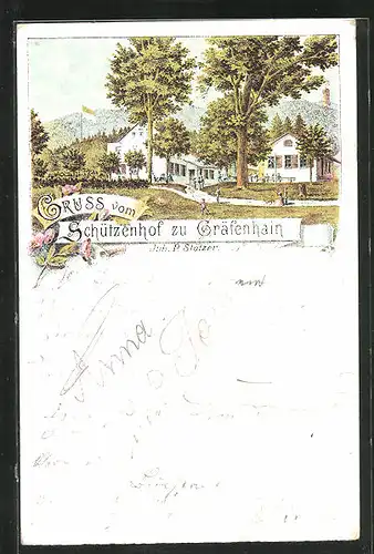 Lithographie Gräfenhain, Gasthaus Schützenhof von P. Stötzer
