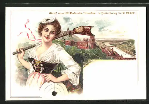 Lithographie Heidelberg, 18. Verbands-Schiessen 1901, Schützenmaid mit geschultertem Gewehr