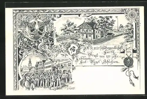 Lithographie Fürth, 125 jähr. Fest-Vogel-Schiessen der K. priv. Schützengesellschaft 1901, Schützenhaus