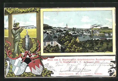 AK Helmbrechts, 5. Oberfränkisch-Unterfränkisches Bundesschiessen 1903, Teilansicht der Ortschaft, Wappen