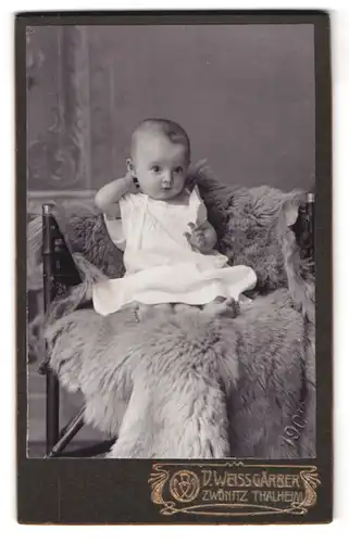 Fotografie D. Weissgärber, Zwönitz, Portrait niedliches Kleinkind im weissen Kleid