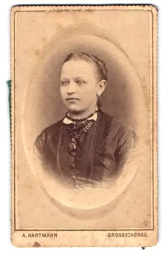 Fotografie A. Hartmann, Grossschönau, Portrait junge Dame in hübscher Kleidung