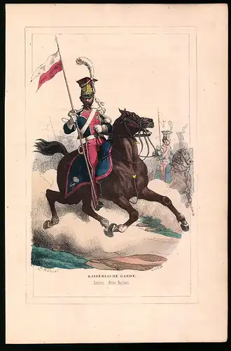 Holzstich Kaiserliche Garde, Lancier mit Fahne, 1. Regiment, altkolorierter Holzstich von Bellange um 1843, 16 x 24cm