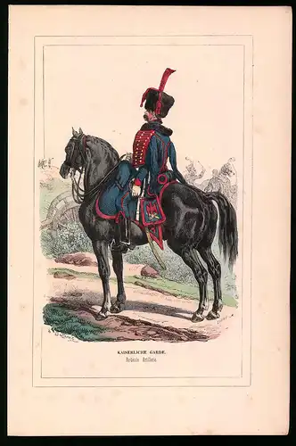 Holzstich Kaiserliche Garde, Reitender Offizier auf schwarzem Ross, altkolorierter Holzstich von Bellange um 1843