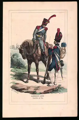Holzstich Kaiserliche Garde, Fussartillerie und Train, altkolorierter Holzstich von Bellange um 1843, 16 x 24cm