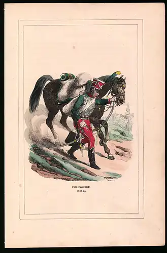 Holzstich Ehrengarde, Soldat mit Pferd 1814, altkolorierter Holzstich von Bellange um 1843, 16 x 24cm