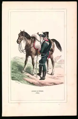 Holzstich Jäger zu Pferde 1814, altkolorierter Holzstich von Bellange um 1843, 16 x 24cm
