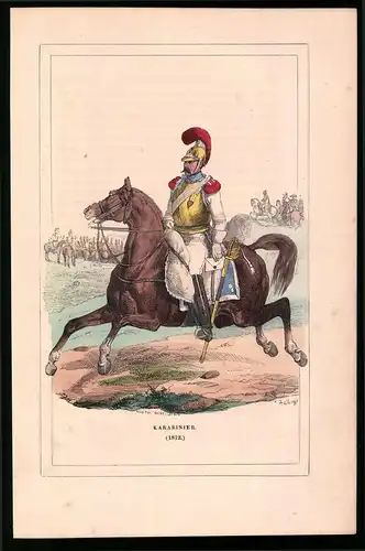 Holzstich Karabinier zu Pferd 1812, altkolorierter Holzstich von Bellange um 1843, 16 x 24cm