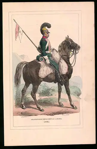 Holzstich Französischer Chevau-Leger 1812, altkolorierter Holzstich von Bellange um 1843, 16 x 24cm
