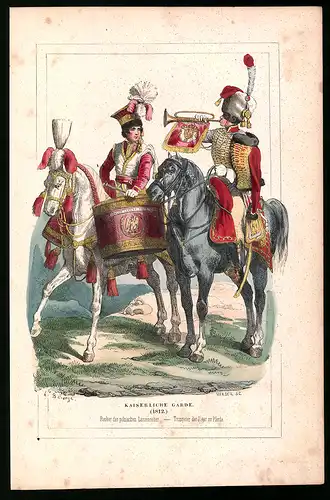 Holzstich Kaiserliche Garde 1812, Pauker der polnischen Lanzenreiter, altkolorierter Holzstich von Bellange um 1843
