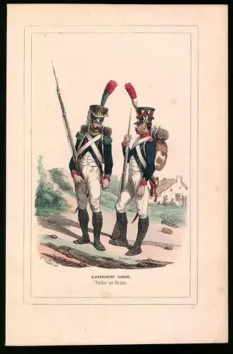 Holzstich Kaiserliche Garde, Tirailleur und Voltigeur, altkolorierter Holzstich von Bellange um 1843, 16 x 24cm