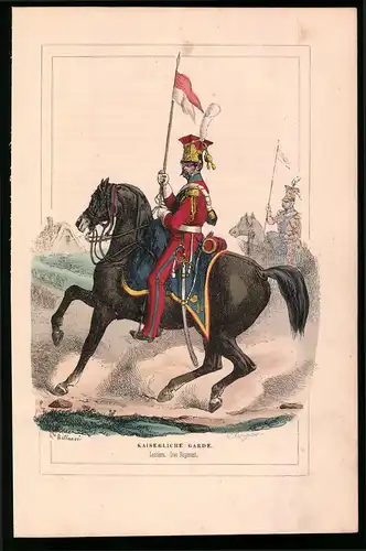 Holzstich Kaiserliche Garde, Lancier mit Fahne, 2. Regiment, altkolorierter Holzstich von Bellange um 1843, 16 x 24cm