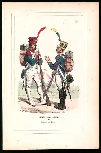 Holzstich Linien-Infanterie, Grenadier und Voltigeur 1808, altkolorierter Holzstich von Bellange um 1843, 16 x 24cm