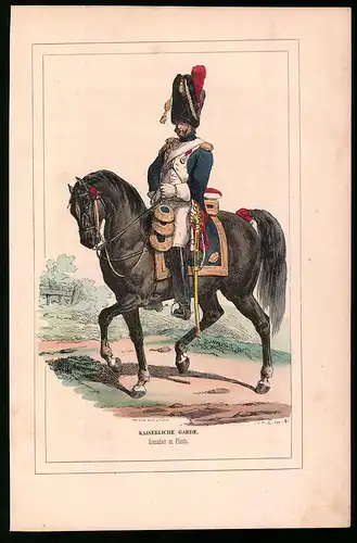 Holzstich Kaiserliche Garde, Grenadier zu Pferde in Uniform, altkolorierter Holzstich von Bellange um 1843, 16 x 24cm