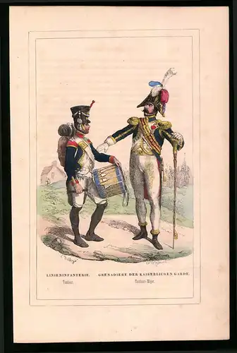 Holzstich Grenadiere der Kaiserlichen Garde, Tambour-Major und Tambour, altkolorierter Holzstich von Bellange um 1843