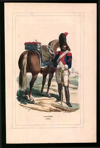Holzstich Karabinier in Uniform 1805, altkolorierter Holzstich von Bellange um 1843, 16 x 24cm