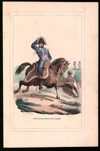 Holzstich Ordonnanzoffizier des Kaisers in blauer Uniform, altkolorierter Holzstich von Bellange um 1843, 16 x 24cm