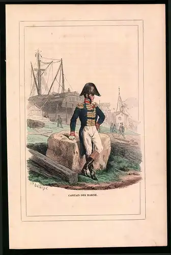 Holzstich Kapitän der Marine vor dem Schiff, altkolorierter Holzstich von Bellange um 1843, 16 x 24cm