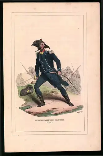 Holzstich Offizier der leichten Infanterie in blauer Uniform 1795, altkolorierter Holzstich von Bellange um 1843