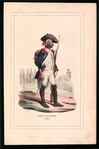 Holzstich Linien-Infanterie in Uniform 1795, altkolorierter Holzstich von Bellange um 1843, 16 x 24cm