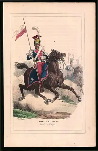 Holzstich Kaiserliche Garde, Lancier mit Fahne des 1. Regiments, altkolorierter Holzstich von Bellange um 1843