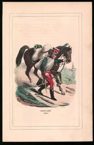 Holzstich Ehrengarde mit Pferd 1814, altkolorierter Holzstich von Bellange um 1843, 16 x 24cm