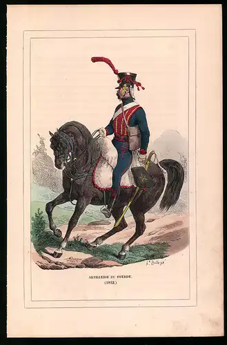 Holzstich Artillerie in Uniform zu Pferde 1812, altkolorierter Holzstich von Bellange um 1843, 16 x 24cm