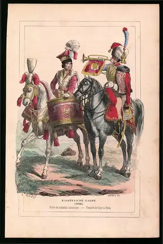 Holzstich Pauker d. polnischen Lanzenreiter, Trompeter d. Jäger zu Pferde, altkolorierter Holzstich von Bellange um 1843