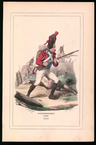 Holzstich Schweizer Regiment, Grenadiere 1812 altkolorierter Holzstich von Bellange um 1843, 16 x 24cm