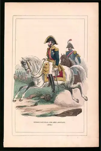 Holzstich Divisionsgeneral und sein Adjutant, altkolorierter Holzstich von Bellange um 1843, 16 x 24cm